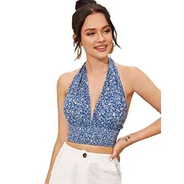Floerns Women's Floral Halter Vest Crop Top in Blue