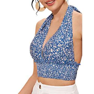 Floerns Women's Ditsy Floral Sleeveless Backless Halter Vest Crop Top Blue S