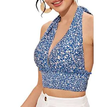 Floerns Women's Floral Halter Vest Crop Top in Blue