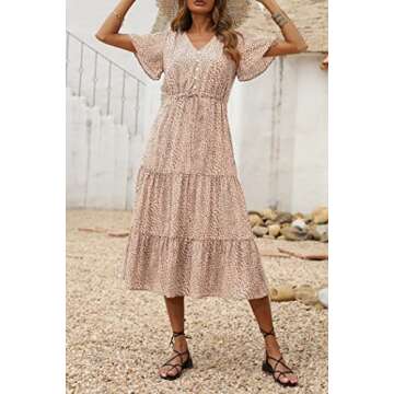 PRETTYGARDEN Women's Floral Boho Dress Casual Short Sleeve V Neck Ruffle Tiered Summer Swing Maxi Dr...
