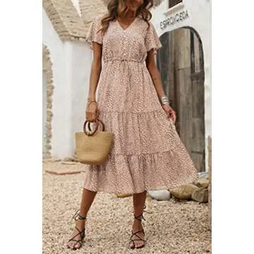 PRETTYGARDEN Women's Floral Boho Dress Casual Short Sleeve V Neck Ruffle Tiered Summer Swing Maxi Dresses(Apricot,Small)