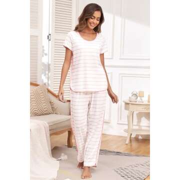 FKEEP Stripe Pajamas Set Women Two-Piece Nightwear Short Sleeve Sleepwear Soft Side Split Loungewear Pjs Sets(White and Pink,Small)