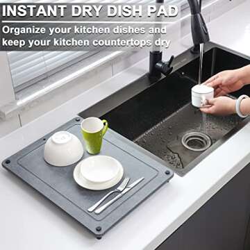 Zebediah Stone Dish Drying Mats for Kitchen Counter – Dries Instantly – Stainless Steel Feet, Home Dish Drying Pad, Diatomaceous Earth Draining Mat, Kitchen Super Absorbent Draining Mat (12”x16”)