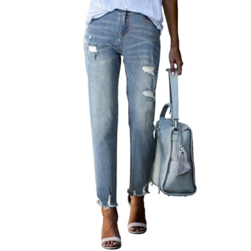 EVALESS Women's Ripped Jeans Mid Rise Straight Leg Pants