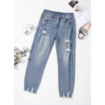 EVALESS Women's Ripped Jeans Mid Rise Straight Leg Pants