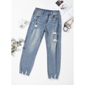 EVALESS Women's Ripped Jeans Mid Rise Straight Leg Pants