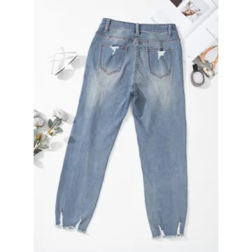 EVALESS Women's Ripped Jeans Mid Rise Straight Leg Pants