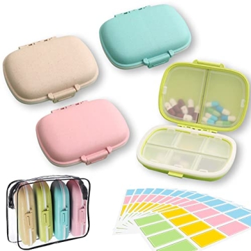 4 Pack Travel Pill Organizer, 8 Compartments Weekly Pill Box for Travel