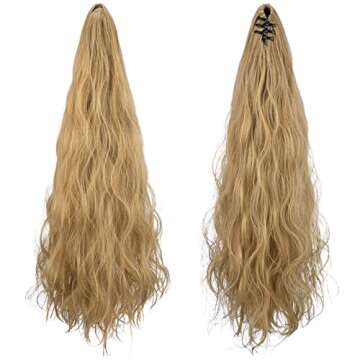 SEIKEA Ponytail Extension Claw Clip, PT007 Talia 24" Long Wavy Curly Hair Extension Jaw Clip Ponytail Hairpiece Synthetic Pony Tail (24 Inch, Golden Blonde highlights)