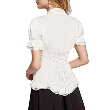 2024 Summer White Blouse for Women Short Puff Sleeves Dressy Top Elegant Victorian Shirt White L