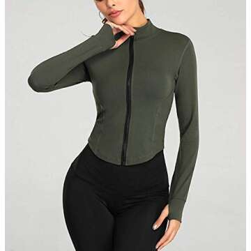 Lviefent Womens Lightweight Full Zip Running Track Jacket Workout Slim Fit Yoga Sportwear with Thumb Holes (Army Green, Medium)