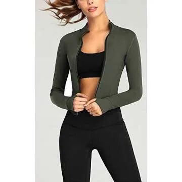 Lviefent Womens Lightweight Full Zip Running Track Jacket Workout Slim Fit Yoga Sportwear with Thumb Holes (Army Green, Medium)