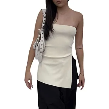 Women Sexy Strapless Crop Top Off Shoulder Hollow Out Tube Top Knit Slim Fit Bustier Tank Top Street...