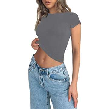 Women's Sexy Short Sleeve Crop Top Casual Slim Fit Crew Neck Tee Basic Skinny Tshirts Gray
