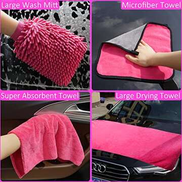 FORCAR 29Pcs Car Wash Cleaning Kit with Extendable Long Handle Brush Mop & Long Pole Window Water Scraper, 63" Large Towels, 16" Large Storage Box, Wash Mitt for Interior and Exterior Detailing, Pink