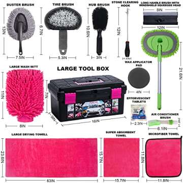FORCAR 29Pcs Car Wash Cleaning Kit with Extendable Long Handle Brush Mop & Long Pole Window Water Scraper, 63" Large Towels, 16" Large Storage Box, Wash Mitt for Interior and Exterior Detailing, Pink