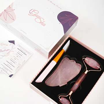 GuaShaco Essential Wellness Kit - Premium Set Rose Quartz Gua Sha Board Tool + Facial Roller + Silic...