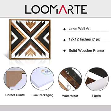 Loomarte Southwestern Aztec Wall Art Vintage Tribal Wall Decor Rustic Black White and Brown Canvas Print Wooden Frame Artwork for Bathroom Living Room Bedroom Decorations 12x12 Inch