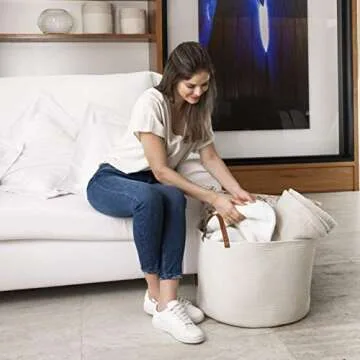 OrganiHaus White Large Baskets for Organizing 20x13, Large Blanket Basket for Living Room, Toy Storage Basket for Kids, Large Rope Basket w/Handles, Big Woven Hamper, Round Basket for Blankets