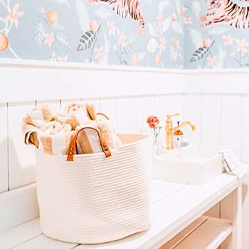 OrganiHaus White Large Baskets for Organizing 20x13, Large Blanket Basket for Living Room, Toy Storage Basket for Kids, Large Rope Basket w/Handles, Big Woven Hamper, Round Basket for Blankets