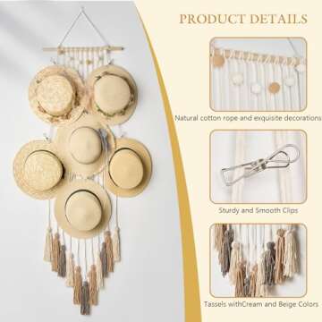 Pretty Jolly Macrame Wall Hanging Hat Rack with Wood Beads with 10 Clips,Cream and Beige Boho Bedroo...