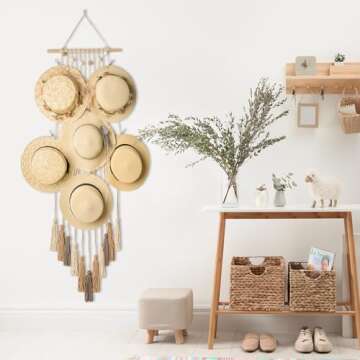 Pretty Jolly Macrame Wall Hanging Hat Rack with Wood Beads with 10 Clips,Cream and Beige Boho Bedroom Decor, Tassel Pendant Bohemian Bedroom Wall Decor 15x53 in Hat Storage Holder for Cap