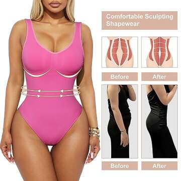 OMAKGI Women Seamless Tummy Control Shapewear Sculpting Thong Bodysuits Sleeveless Body Shaper(M,32-Rose Nint Pink)