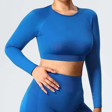 YEOREO Women Long Sleeve Crop Gym Shirts Tee Seamless Workout Gym Yoga Tops Navy Blue