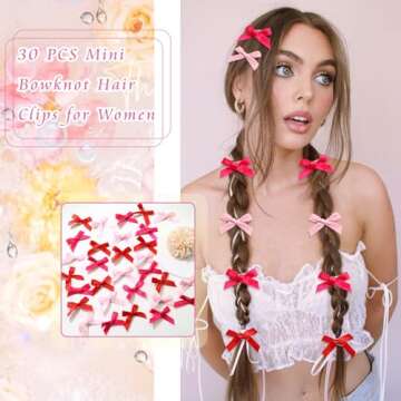 SAWINDA 30Pcs Valentine's Day Mini Hair Bows Hot Pink Bows for Hair Cute Small Bowknot Silk Ribbons for Girls Sweet Bow Hair Clips Non Slip Hair Barrettes Hair Clips Accessories for Women Teens Girls