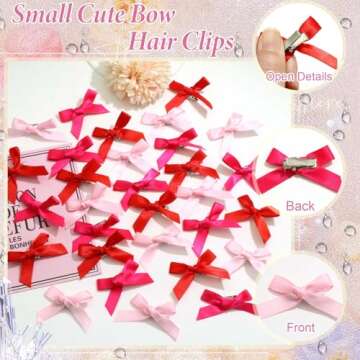 SAWINDA 30Pcs Valentine's Day Mini Hair Bows Hot Pink Bows for Hair Cute Small Bowknot Silk Ribbons for Girls Sweet Bow Hair Clips Non Slip Hair Barrettes Hair Clips Accessories for Women Teens Girls