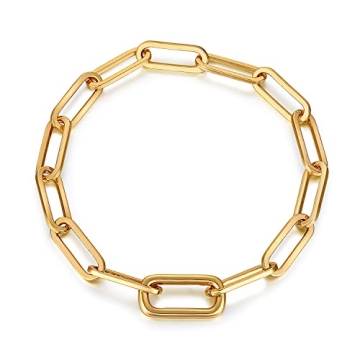 FRUMOS Dainty 18K Gold Plated Paperclip Link Bracelet for Women - Adjustable Fashion Jewelry