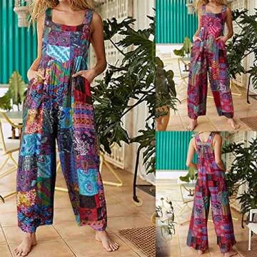 Women Summer Casual Overalls Multicolor Boho Style Sleeveless Suspender Jumpsuit with Pockets for Girls (Blue , Medium )