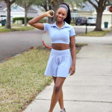 ABOCIW Tennis Outfits for Women 2 Piece High Waist Pleated Tennis Skirt with Shorts and Pockets Short Sleeve Crop Golf Skort Skirt Athletic Workout Outfits Skirts Sets Light Blue Medium