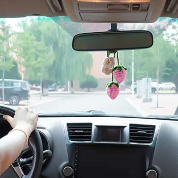 2 Pieces Cute Strawberry Crochet Car Mirror Hanging Accessories Decor, for Your Women Men Aesthetic Car Rearview Interior Charms Decorations, Handmade Knitted Rear View Mirror Pendant Ornament (Pink)