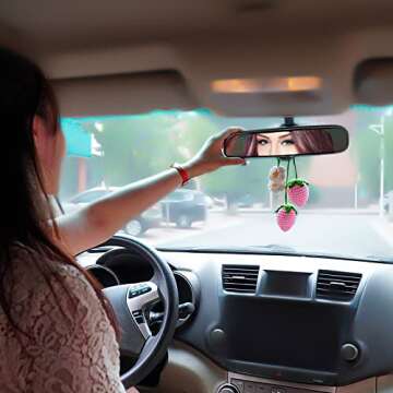 2 Pieces Cute Strawberry Crochet Car Mirror Hanging Accessories Decor, for Your Women Men Aesthetic Car Rearview Interior Charms Decorations, Handmade Knitted Rear View Mirror Pendant Ornament (Pink)