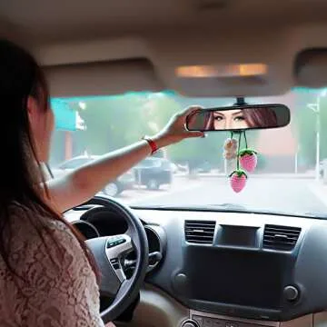 2 Pieces Cute Strawberry Crochet Car Mirror Hanging Accessories Decor, for Your Women Men Aesthetic Car Rearview Interior Charms Decorations, Handmade Knitted Rear View Mirror Pendant Ornament (Pink)