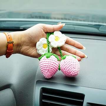 2 Pieces Cute Strawberry Crochet Car Mirror Hanging Accessories Decor, for Your Women Men Aesthetic Car Rearview Interior Charms Decorations, Handmade Knitted Rear View Mirror Pendant Ornament (Pink)