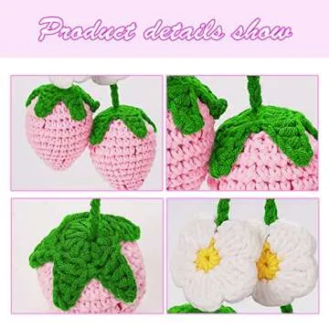2 Pieces Cute Strawberry Crochet Car Mirror Hanging Accessories Decor, for Your Women Men Aesthetic Car Rearview Interior Charms Decorations, Handmade Knitted Rear View Mirror Pendant Ornament (Pink)
