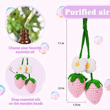 2 Pieces Cute Strawberry Crochet Car Mirror Hanging Accessories Decor, for Your Women Men Aesthetic Car Rearview Interior Charms Decorations, Handmade Knitted Rear View Mirror Pendant Ornament (Pink)