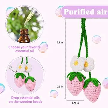 2 Pieces Cute Strawberry Crochet Car Mirror Hanging Accessories Decor, for Your Women Men Aesthetic Car Rearview Interior Charms Decorations, Handmade Knitted Rear View Mirror Pendant Ornament (Pink)