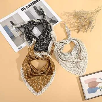 CHLINS Floral Chiffon Hair Bandanas - 3 PCS Triangle Head Scarves With Ties for Women (Black, Yellow, White)