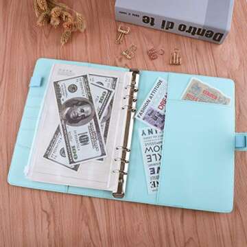 Antner A5 PU Leather Binder 6 Ring Notebook Photocard Budget Binder Cover for A5 Refill Paper, Refillable Loose Leaf Personal Planner Organizer Binder with Magnetic Buckle, Mint Blue