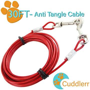 30ft Dog Tie Out Cable for Dogs, 16" Chrome Plated Anti Rust Stake, Great for Camping or The Garden, Suitable for Harness, Leash & Chain Attachments - Red
