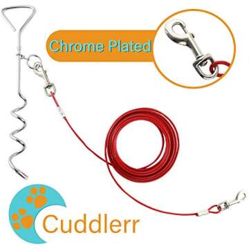 30ft Dog Tie Out Cable for Dogs, 16" Chrome Plated Anti Rust Stake, Great for Camping or The Garden, Suitable for Harness, Leash & Chain Attachments - Red