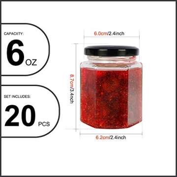 Hexagon Glass Jars with Black Lids, 20pcs 6oz Canning Jars for Jam Honey Jelly Candy Candle Wedding Favors Baby Shower Favors Spice Jars Crafts with 40 chalkboard stickers and one pen for labeling