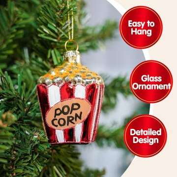 JOIEDOMI Popcorn Snacks Blown Glass Small Funny Mini Christmas Ornaments for Christmas Tree Hanging Ornament Christmas Decorations Indoor Food, Xmas Christmas Party Favors Supplies Cute Presents