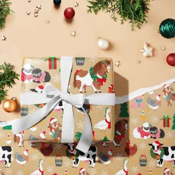 RUSPEPA Kraft Christmas Wrapping Paper Roll - Mini Roll - Christmas Animals Design for Holiday Gift Wrap - 17 Inches X 32.8 Feet