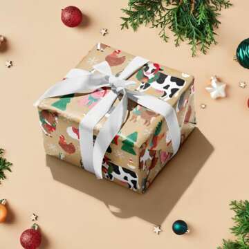 RUSPEPA Kraft Christmas Wrapping Paper Roll - Mini Roll - Christmas Animals Design for Holiday Gift Wrap - 17 Inches X 32.8 Feet