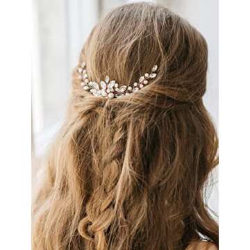 Unicra Bride Wedding Crystal Hair Pins Pearl Bridal Hair Pieces Rose Gold Wedding Flower Hair Accessories for Women and Girls Pack of 1 (A Rose Gold)
