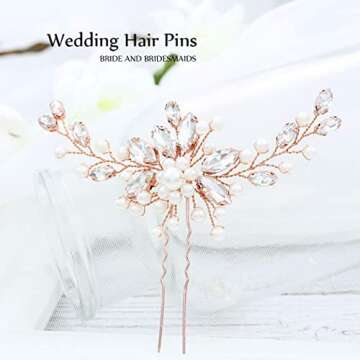 Unicra Bride Wedding Crystal Hair Pins Pearl Bridal Hair Pieces Rose Gold Wedding Flower Hair Accessories for Women and Girls Pack of 1 (A Rose Gold)